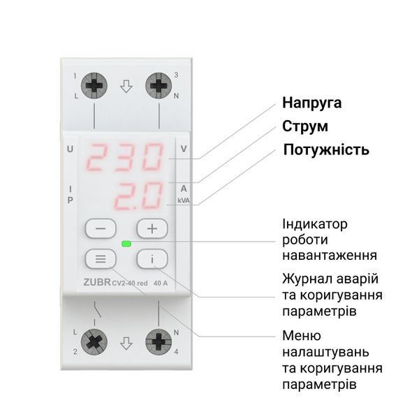 Реле напряжения с контролем тока ZUBR CV2-40 red 4820120222160 фото
