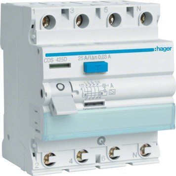 Устройство защитного отключения 4 полюса 25A 30mA тип A 6kA QuickConnect Hager CDS425D CDS425D фото