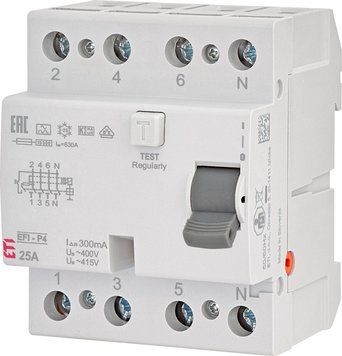 Реле диференційне ПЗВ 4р EFI6-P4 25/0,03 тип AC (6kA) ETI 2061651 2061651 фото