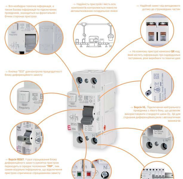 Реле диференційне ПЗВ 4р EFI6-P4 63/0,03 тип AC (6kA) ETI 2061653 2061653 фото